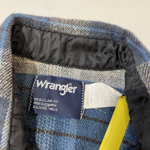 VTG Wrangler Men's Cowboy Cut X-Long Tails Blue Plaid Pearl Snap Shirt Sz M 15.5 - Picture 6 of 8